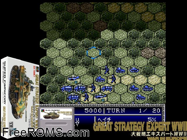 Daisenryaku Expert WW2 - War in Europe SNES game showing 3D box cover and gameplay screenshot