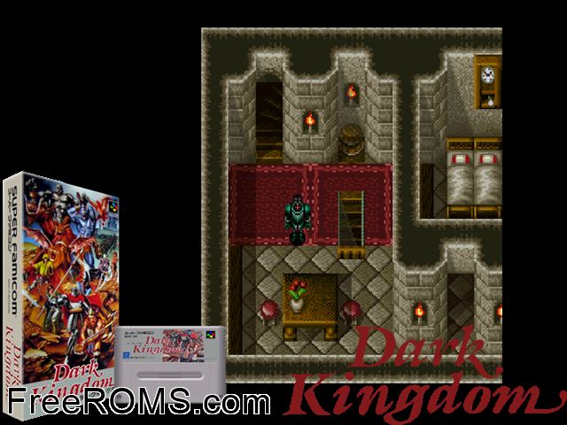Dark Kingdom SNES game showing 3D box cover and gameplay screenshot