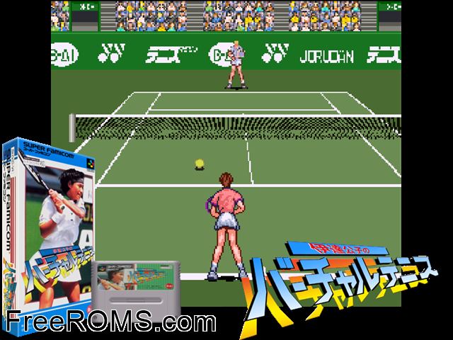 Date Kimiko no Virtual Tennis SNES game showing 3D box cover and gameplay screenshot