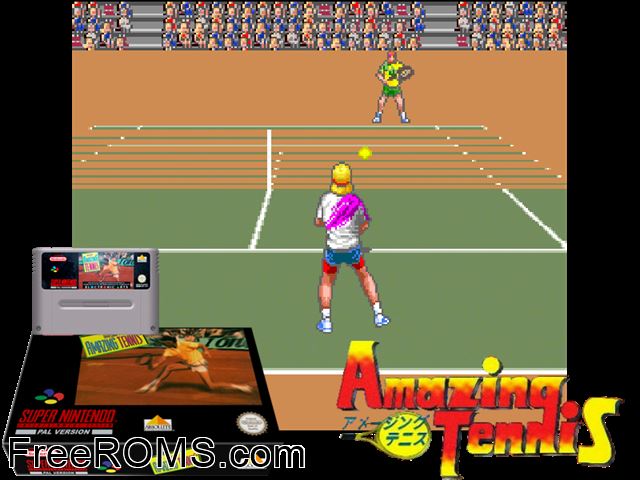 David Crane's Amazing Tennis SNES game showing 3D box cover and gameplay screenshot