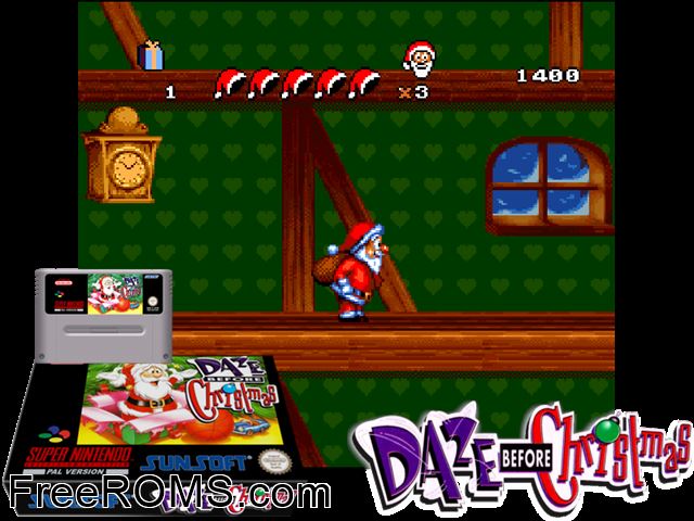 Daze Before Christmas SNES game showing 3D box cover and gameplay screenshot