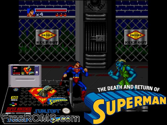 Death and Return of Superman, The SNES game showing 3D box cover and gameplay screenshot