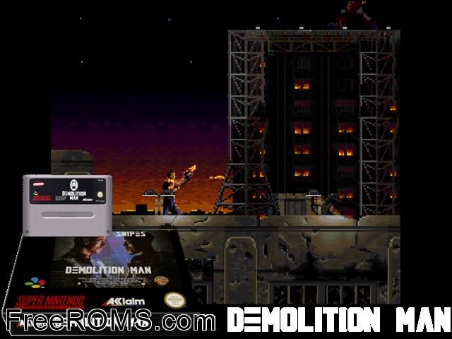 Demolition Man SNES game showing 3D box cover and gameplay screenshot