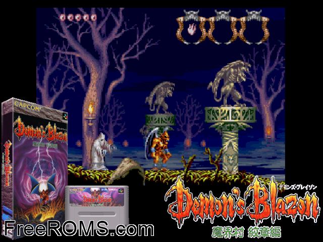 Demon's Crest SNES game showing 3D box cover and gameplay screenshot