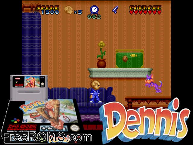 Dennis the Menace SNES game showing 3D box cover and gameplay screenshot
