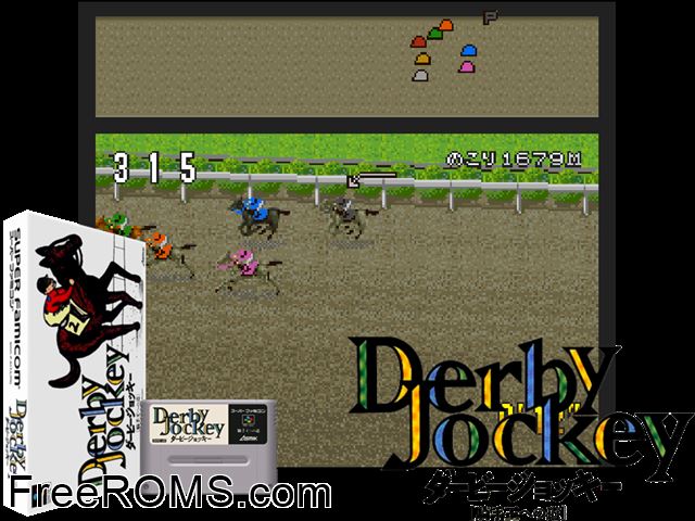 Derby Jockey - Kishu Ou heno Michi SNES game showing 3D box cover and gameplay screenshot