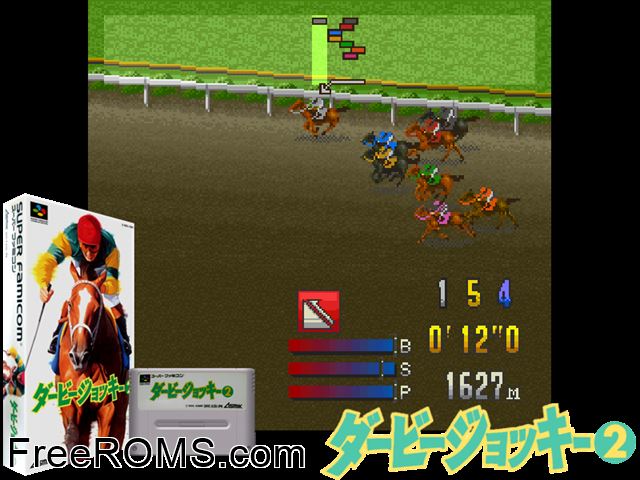 Derby Jockey 2 SNES game showing 3D box cover and gameplay screenshot