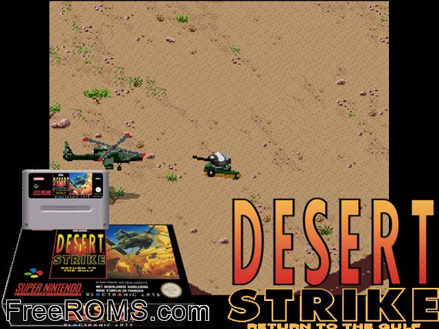 Desert Strike - Return to the Gulf SNES game showing 3D box cover and gameplay screenshot