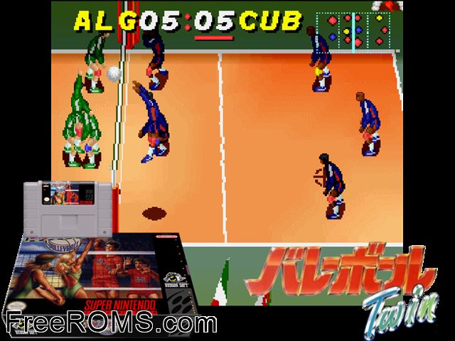 Dig And Spike Volleyball SNES game showing 3D box cover and gameplay screenshot