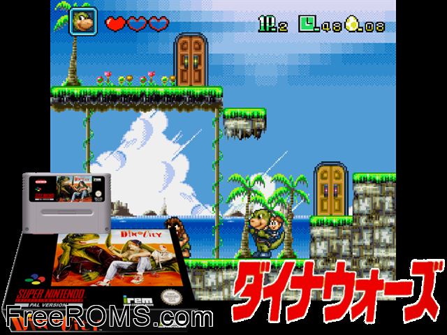 Dino City SNES game showing 3D box cover and gameplay screenshot