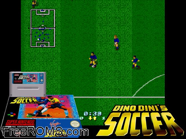 Dino Dini's Soccer SNES game showing 3D box cover and gameplay screenshot
