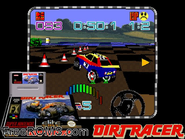 Dirt Racer SNES game showing 3D box cover and gameplay screenshot