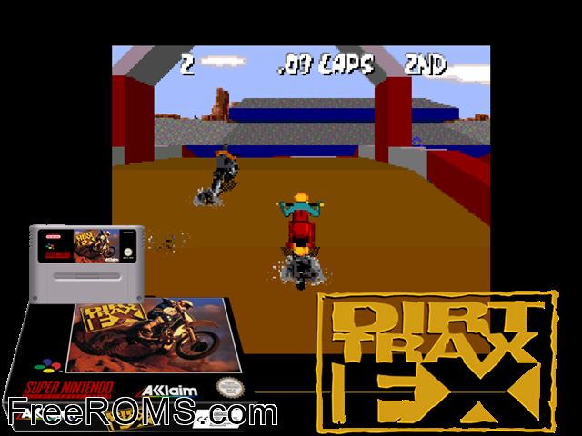 Dirt Trax FX SNES game showing 3D box cover and gameplay screenshot