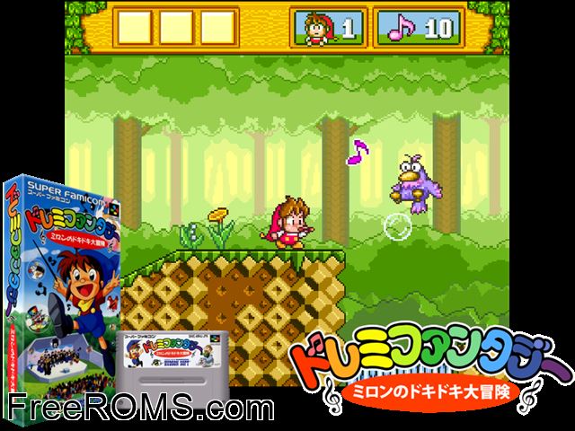 Do-Re-Mi Fantasy - Milon no Dokidoki Daibouken SNES game showing 3D box cover and gameplay screenshot