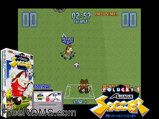 Dolucky no A.League Soccer SNES game showing 3D box cover and gameplay screenshot