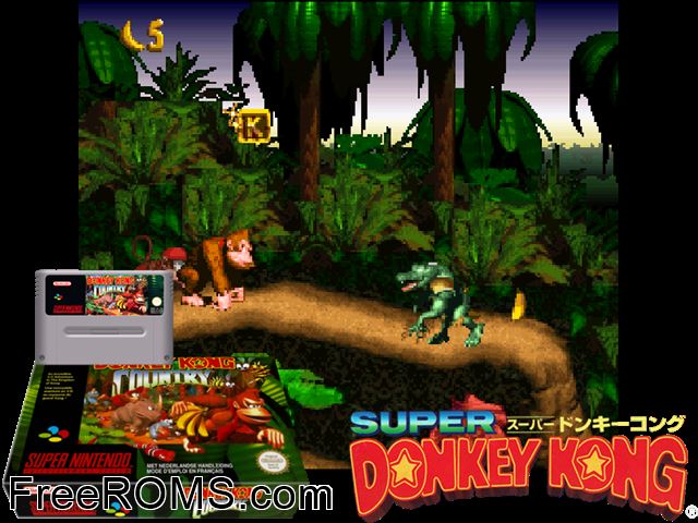 Donkey Kong Country SNES game showing 3D box cover and gameplay screenshot