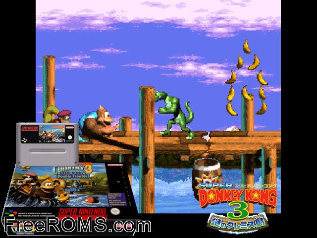 Donkey Kong Country 3 Dixie Kong's Double Trouble SNES game showing 3D box cover and gameplay screenshot