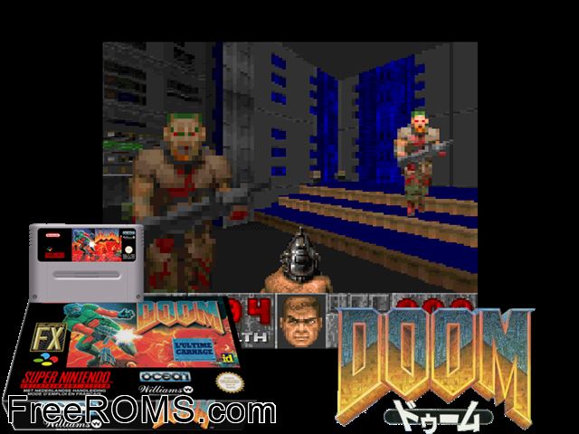 Doom SNES game showing 3D box cover and gameplay screenshot