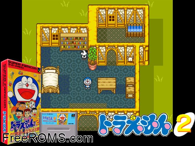 Doraemon 2 - Nobita no Toys Land Daibouken SNES game showing 3D box cover and gameplay screenshot