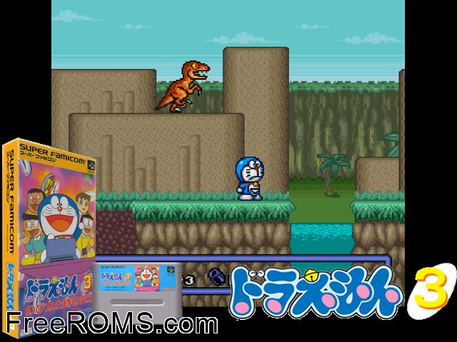 Doraemon 3 - Nobita to Toki no Hougyoku SNES game showing 3D box cover and gameplay screenshot