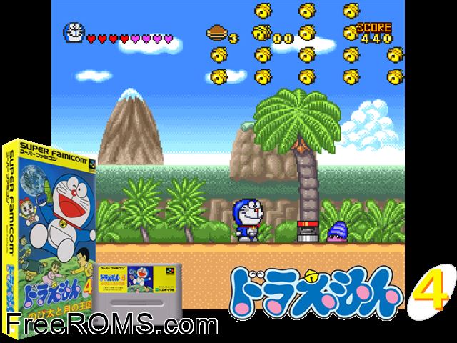 Doraemon 4 - Nobita to Tsuki no Oukoku SNES game showing 3D box cover and gameplay screenshot