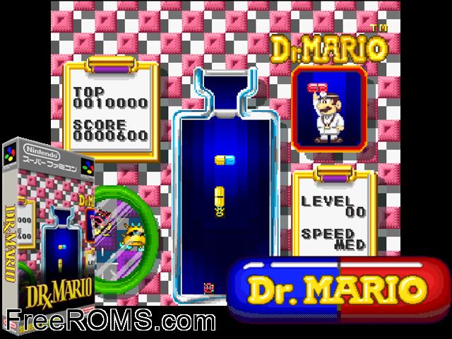 Dr. Mario SNES game showing 3D box cover and gameplay screenshot