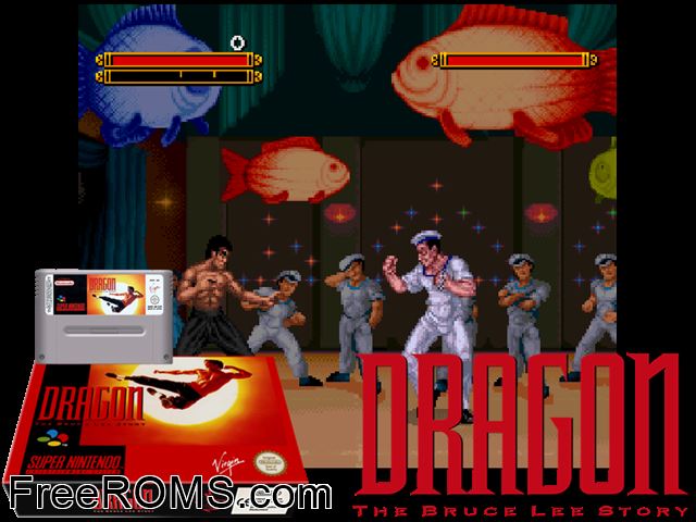 Dragon - The Bruce Lee Story SNES game showing 3D box cover and gameplay screenshot