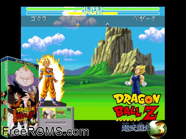 Dragon Ball Z - Super Butouden 3 SNES game showing 3D box cover and gameplay screenshot