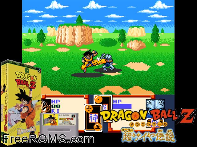 Dragon Ball Z - Super Saiya Densetsu SNES game showing 3D box cover and gameplay screenshot