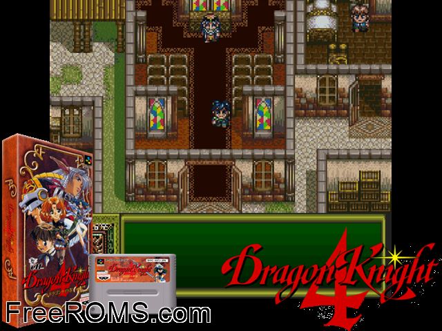 Dragon Knight 4 SNES game showing 3D box cover and gameplay screenshot