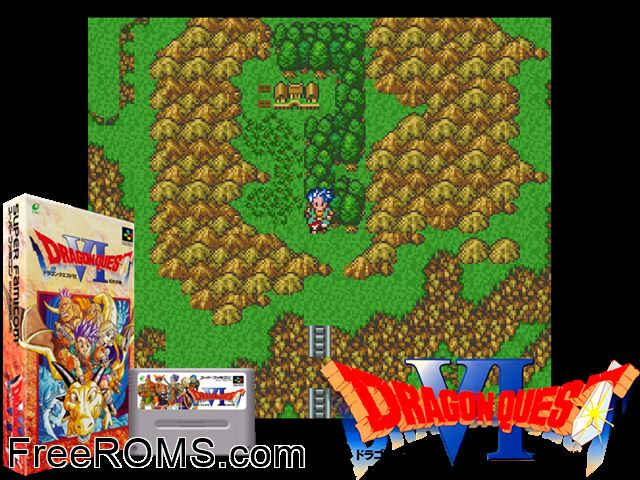 Dragon Quest VI - Maboroshi no Daichi SNES game showing 3D box cover and gameplay screenshot