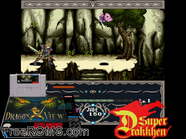 Dragon View SNES game showing 3D box cover and gameplay screenshot