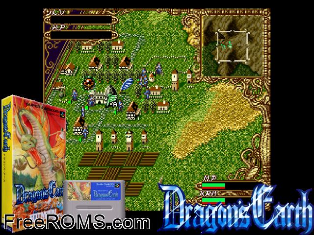 Dragon's Earth SNES game showing 3D box cover and gameplay screenshot