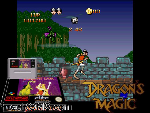 Dragon's Lair SNES game showing 3D box cover and gameplay screenshot