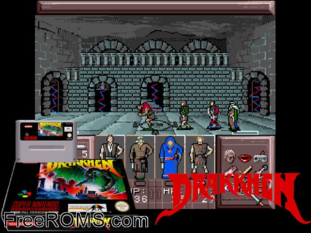 Drakkhen SNES game showing 3D box cover and gameplay screenshot