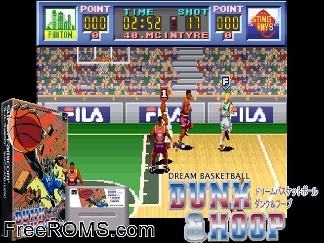 Dream Basketball - Dunk And Hoop SNES game showing 3D box cover and gameplay screenshot