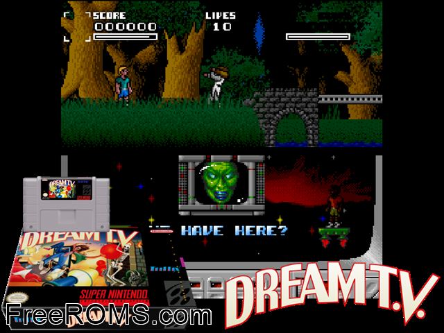 Dream TV SNES game showing 3D box cover and gameplay screenshot