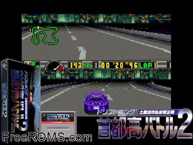 Drift King - Shutokou Battle 2 SNES game showing 3D box cover and gameplay screenshot