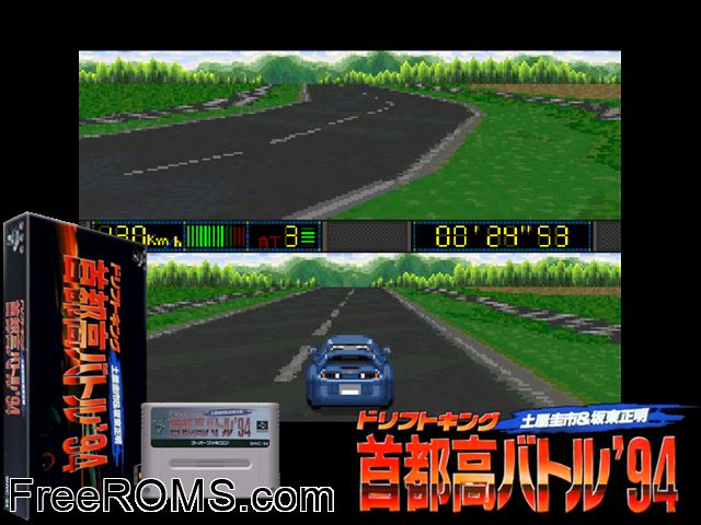 Drift King - Shutokou Battle '94 SNES game showing 3D box cover and gameplay screenshot