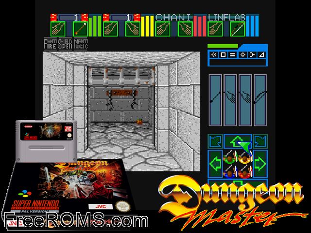 Dungeon Master SNES game showing 3D box cover and gameplay screenshot