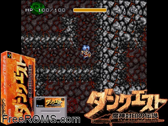DunQuest - Majin Fuuin no Densetsu SNES game showing 3D box cover and gameplay screenshot