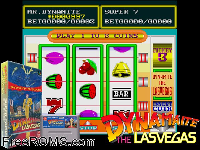 Dynamaite - The LasVegas SNES game showing 3D box cover and gameplay screenshot