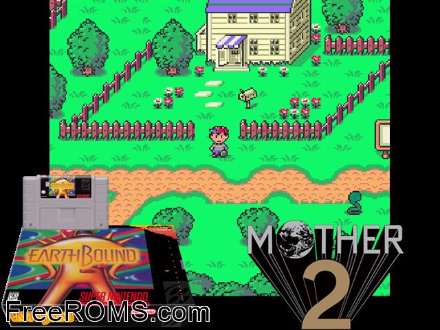Earthbound SNES game showing 3D box cover and gameplay screenshot