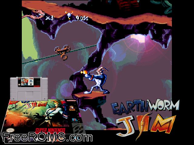Earthworm Jim SNES game showing 3D box cover and gameplay screenshot