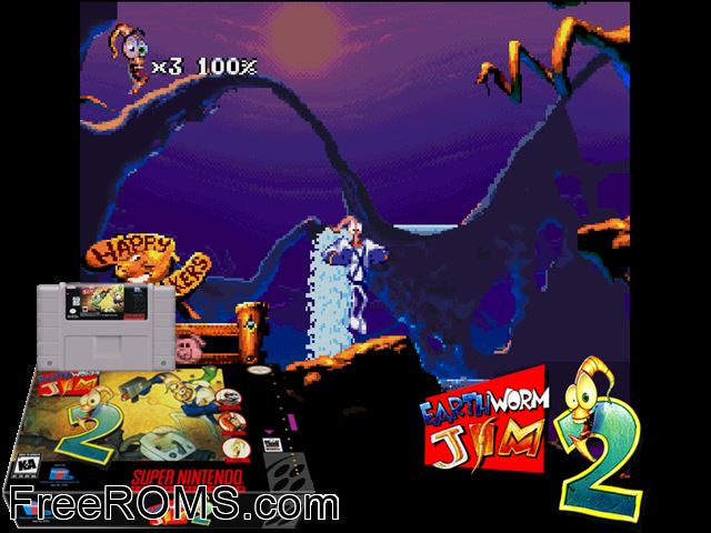 Earthworm Jim 2 SNES game showing 3D box cover and gameplay screenshot