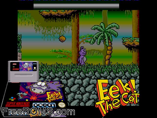 Eek! The Cat SNES game showing 3D box cover and gameplay screenshot