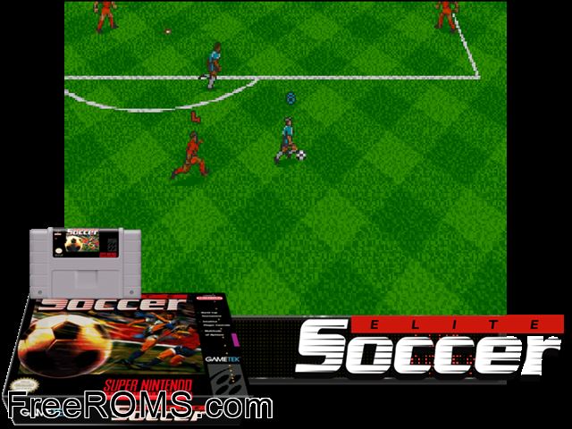 Elite Soccer SNES game showing 3D box cover and gameplay screenshot