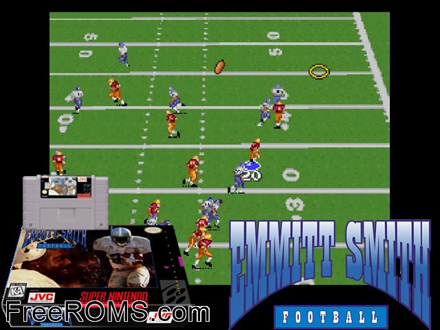 Emmitt Smith Football SNES game showing 3D box cover and gameplay screenshot