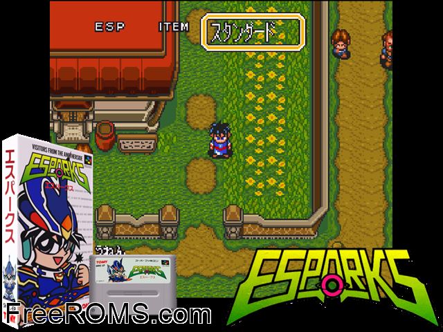 Esparks - Ijikuu Kara no Raihousha SNES game showing 3D box cover and gameplay screenshot