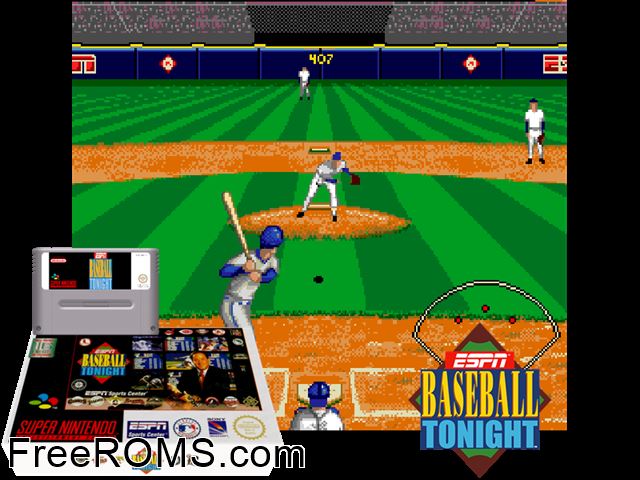 ESPN Baseball Tonight SNES game showing 3D box cover and gameplay screenshot
